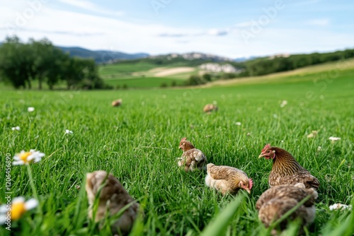 Several hens scattered across a sunny meadow, grazing on grass and flowers, illustrating the joy of free-range poultry and a connection to natural farming practices. photo