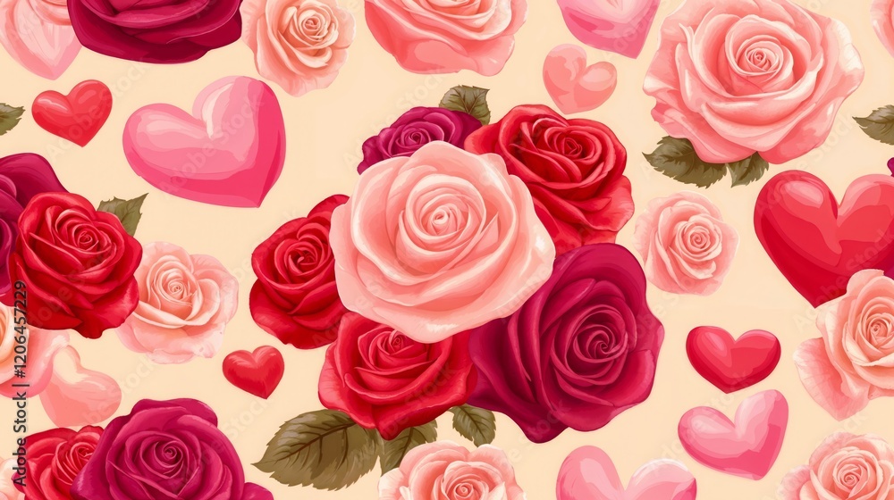Pattern of red and pink roses with heart shapes on light background.Valentine's Day. Romantic background for greeting cards and gifts.Romance. Love. Heartfelt design with roses.Background pattern with Pattern of red and pink roses with heart shapes on light background.Valentine's Day. Romantic background for greeting cards and gifts.Romance. Love. Heartfelt design with roses.Background pattern with