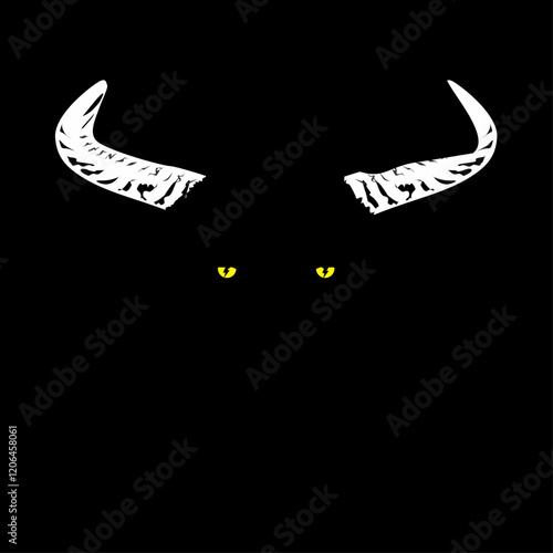 T-shirt design featuring an animal head with horns and yellow eyes isolated on black. 