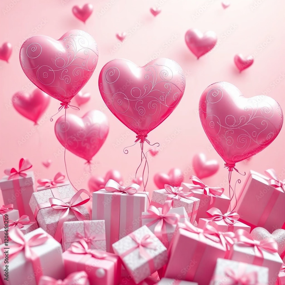 Valentine's Day greeting card with pink heart balloons and beautifully wrapped gifts Valentine's Day greeting card with pink heart balloons and beautifully wrapped gifts