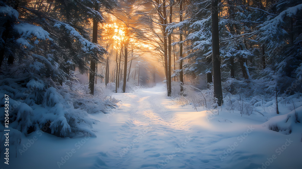 An ethereal quiet winter tableau along a hidden forest path enveloped in a snowy sanctuary. Hidden Sanctuary. Illustration An ethereal quiet winter tableau along a hidden forest path enveloped in a snowy sanctuary. Hidden Sanctuary. Illustration