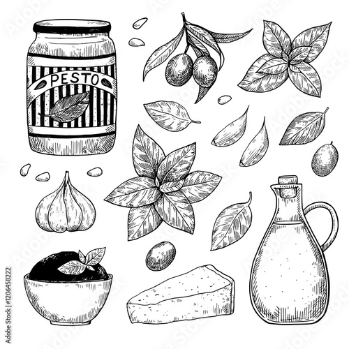 Pesto sauce set in hand-drawn sketch style. Basil leaves, parmesan, pesto sauce in glass jar 
