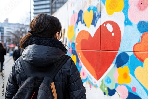 A young woman gazes at bright street art featuring hearts and flowers, symbolizing creativity and the vibrant energy of urban life filled with inspiration. photo