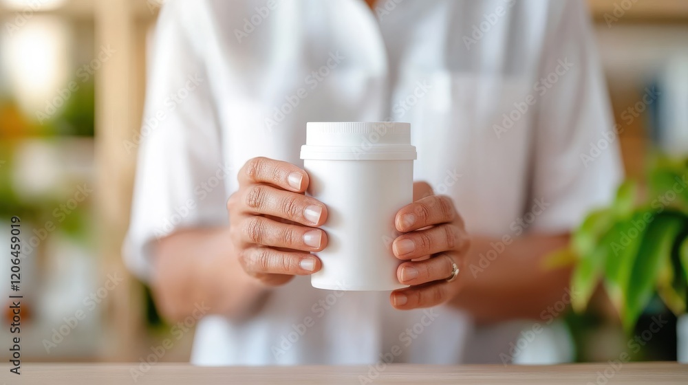 Daily routine of taking vitamins in a serene kitchen setting Daily routine of taking vitamins in a serene kitchen setting