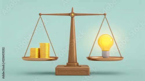 A scale balancing coins and a light bulb, symbolizing the relationship between finance and innovation.