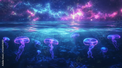 Magical Deep-Sea Jellyfish with Cosmic Backdrop - Made with Generative AI photo