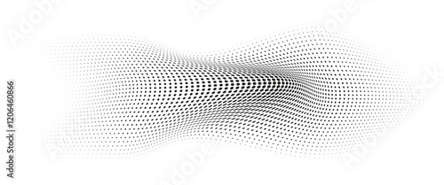 Flowing Wave Dot Halftone Pattern: Curve Gradient Shape on Transparent Background. Suitable for AI, Tech, Network, Digital, Science, and Technology Themes.