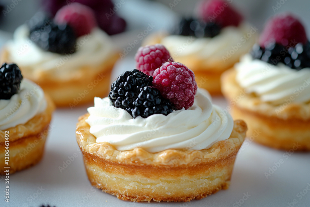 Miniature tart desserts topped with whipped cream and fresh berries at a bakery Miniature tart desserts topped with whipped cream and fresh berries at a bakery