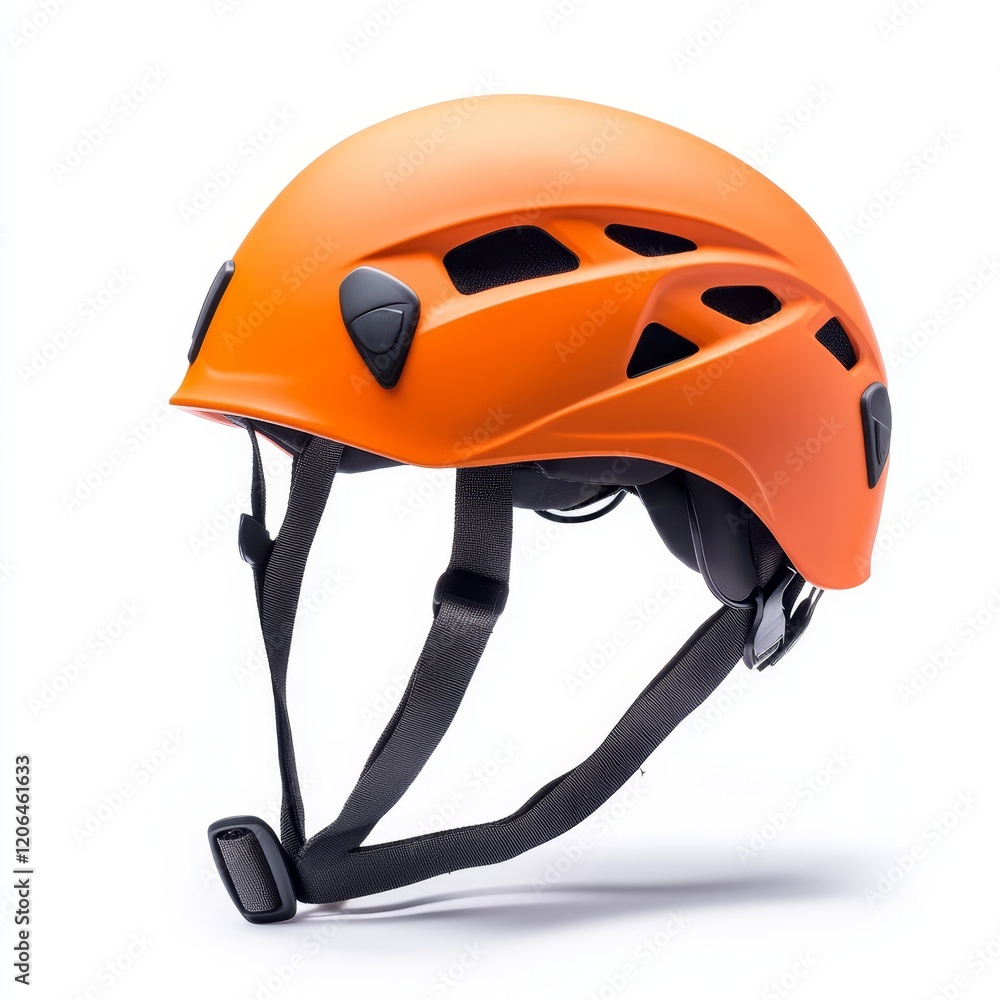 Orange climbing helmet with adjustable straps, isolated on white background. Orange climbing helmet with adjustable straps, isolated on white background.