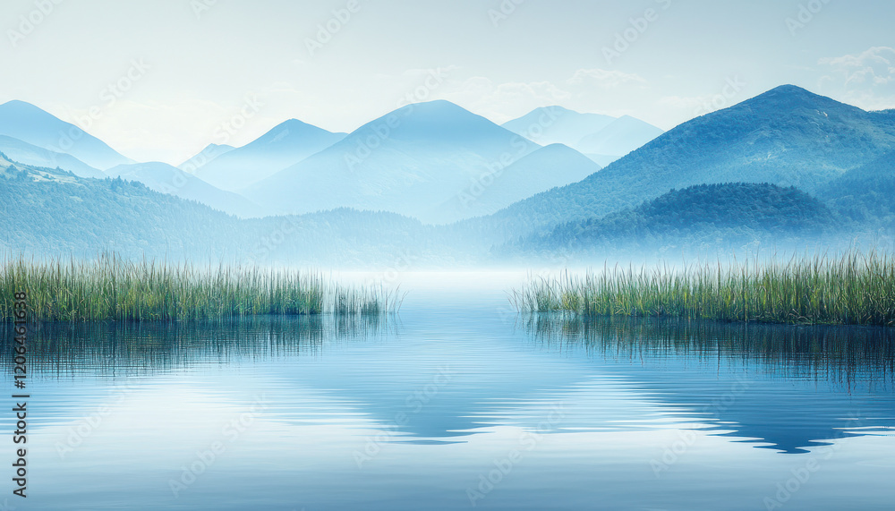 A Serene mountain landscape with calm water and lush greenery reflecting