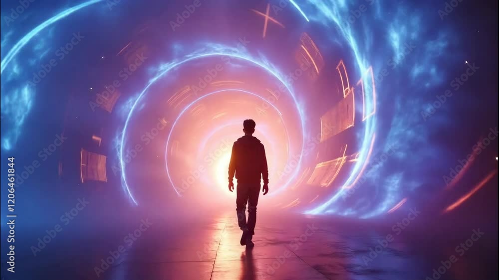 A lone figure walks towards a swirling portal of vibrant blue and orange light, symbolizing a journey into an unknown, futuristic realm. A lone figure walks towards a swirling portal of vibrant blue and orange light, symbolizing a journey into an unknown, futuristic realm.