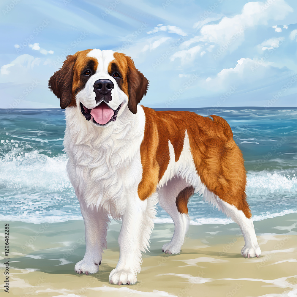 Saint bernard standing on a beach illustration Saint bernard standing on a beach illustration