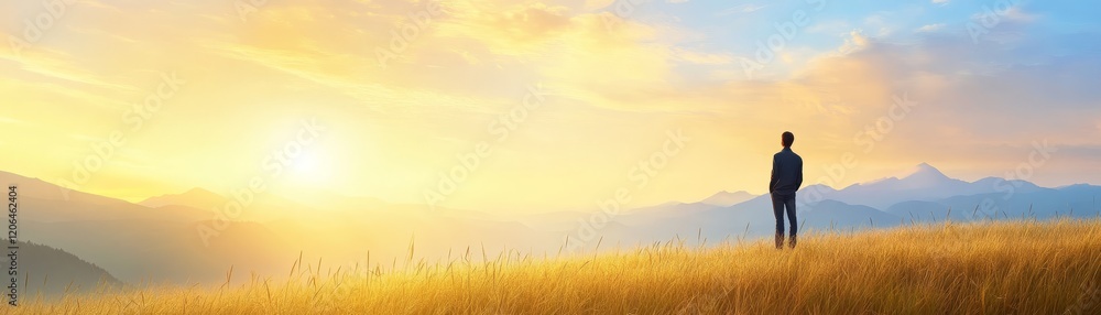 Majestic sunset vista, a lone figure contemplates the breathtaking view from hilltop. Majestic sunset vista, a lone figure contemplates the breathtaking view from hilltop.