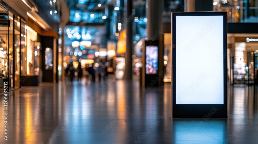 Blank Advertisement Display in Modern Shopping Mall at Night Blank Advertisement Display in Modern Shopping Mall at Night