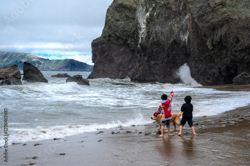 Two Children waking with dog on the beach in San Francisco, California 