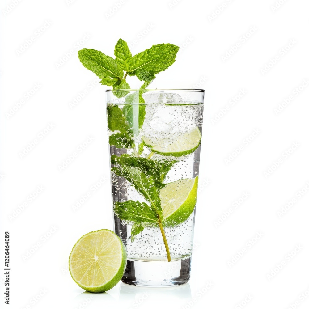 A refreshing gin and tonic with a twist of lime and a sprig of mint, clear and bubbly, isolated white background A refreshing gin and tonic with a twist of lime and a sprig of mint, clear and bubbly, isolated white background