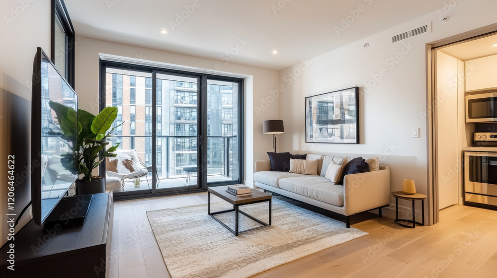modern apartment living room with stylish decor and large windows modern apartment living room with stylish decor and large windows