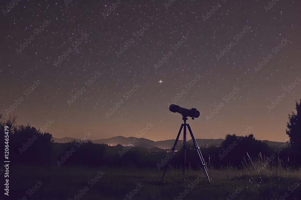 Telescope on a tripod under a starry sky, capturing celestial wonder. Telescope on a tripod under a starry sky, capturing celestial wonder.