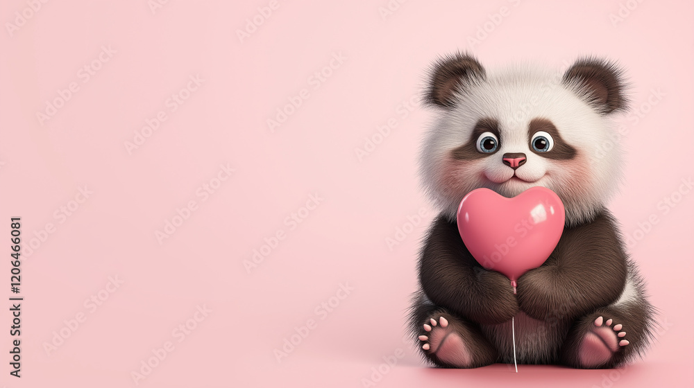 Cute cartoon panda holding a pink heart-shaped balloon on a pastel background with copy space