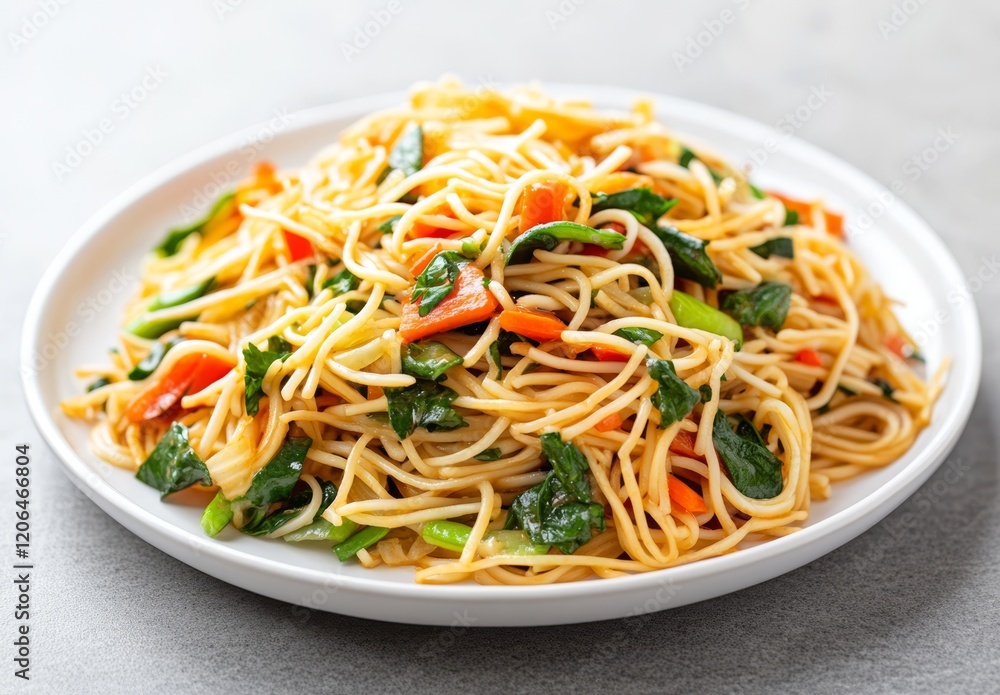 Delicious stir-fried noodles with vegetables on a white plate. Delicious stir-fried noodles with vegetables on a white plate.