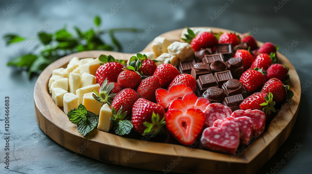 A heart-shaped charcuterie board with strawberries, chocolates, and assorted cheeses, displayed on a wooden tray A heart-shaped charcuterie board with strawberries, chocolates, and assorted cheeses, displayed on a wooden tray