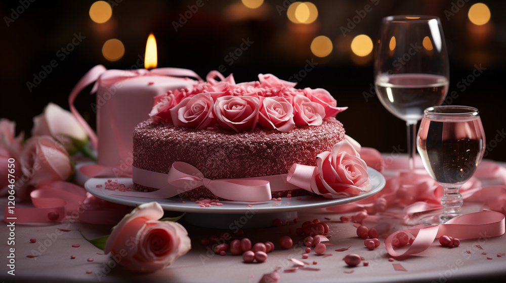 Romantic Pink Cake with Roses, Candle, and Wine Glasses on Elegant Table Setting Romantic Pink Cake with Roses, Candle, and Wine Glasses on Elegant Table Setting