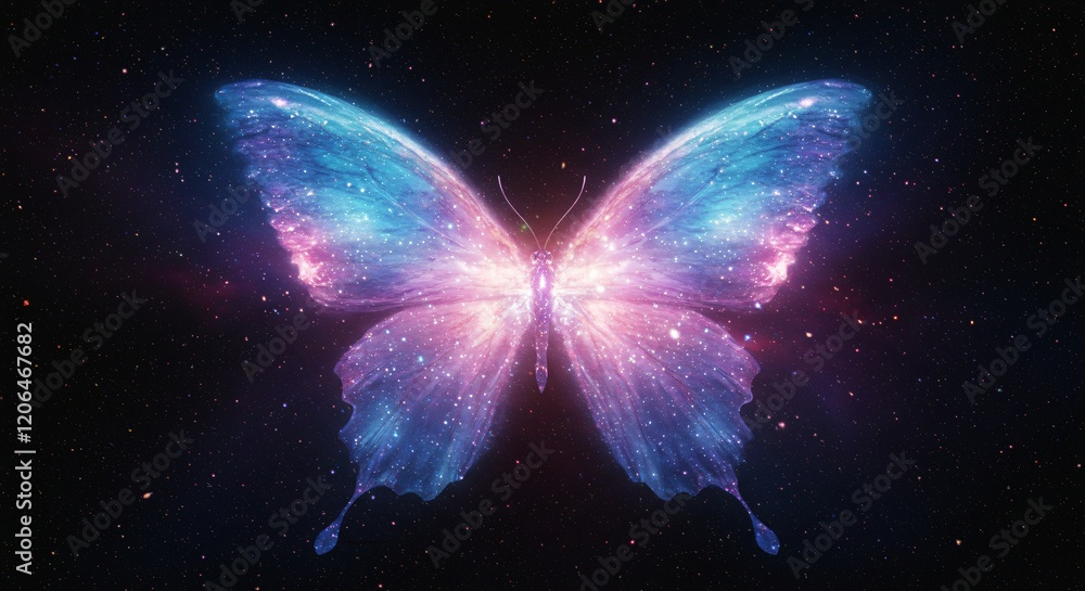 A cosmic butterfly with wings made of shimmering galaxies and stardust A cosmic butterfly with wings made of shimmering galaxies and stardust