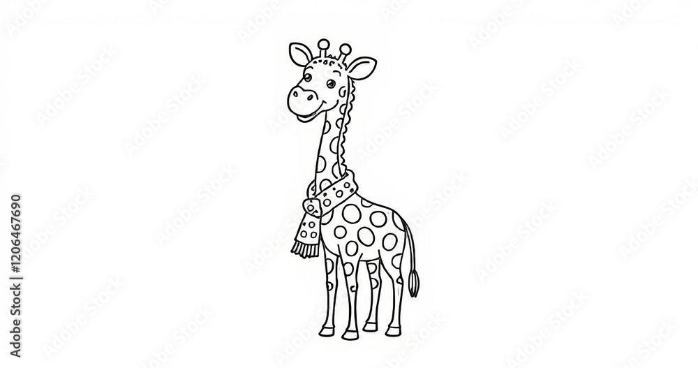 Fototapeta Cartoon giraffe with scarf in black and white outline. Coloring page style
