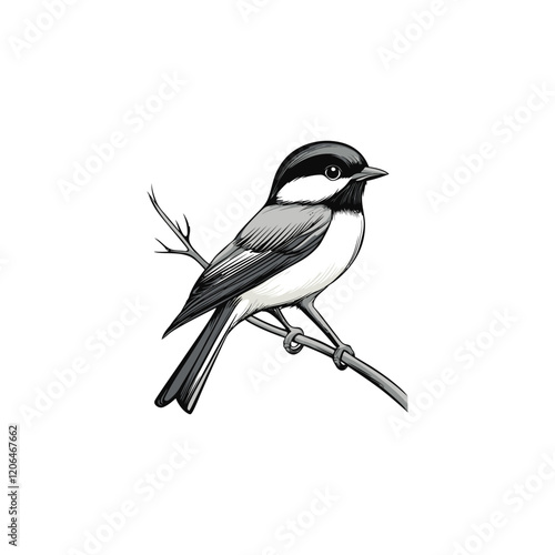 Detailed black and white illustration of a chickadee perched on a branch.