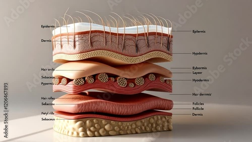 Layered 3D diagram of human skin structure, illustrating the epidermis, dermis, and hypodermis with hair follicles and glands