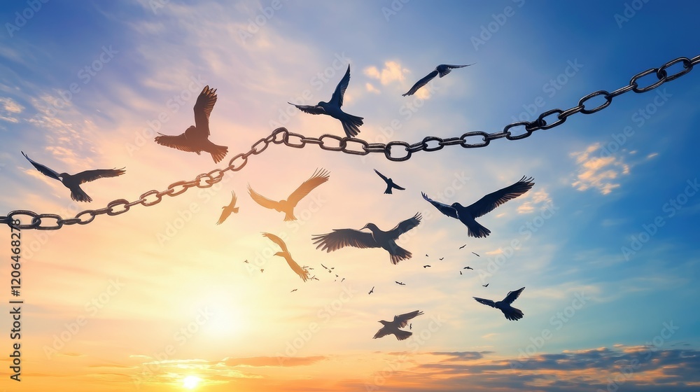 A symbolic image of birds soaring in the sky as broken chains fall to the ground below, representing breaking free from constraints and gaining liberty A symbolic image of birds soaring in the sky as broken chains fall to the ground below, representing breaking free from constraints and gaining liberty