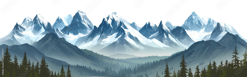 Fototapeta premium Majestic Snow-Capped Mountain Range with Misty Forest and Evergreen Trees - Nature's Serenity and Scenic Wilderness Landscape