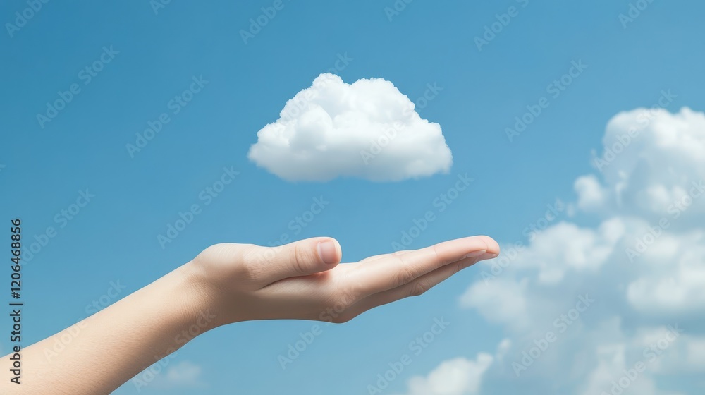 Hand holding a fluffy white cloud in vibrant blue sky, serene vision Hand holding a fluffy white cloud in vibrant blue sky, serene vision