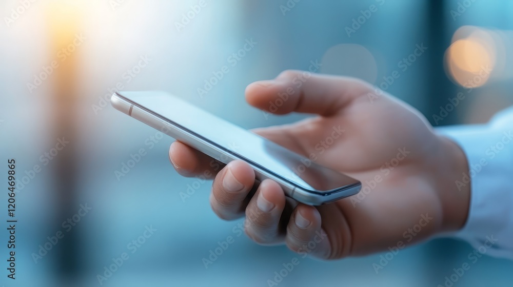 Closeup of a hand holding modern mobile phone for communication Closeup of a hand holding modern mobile phone for communication
