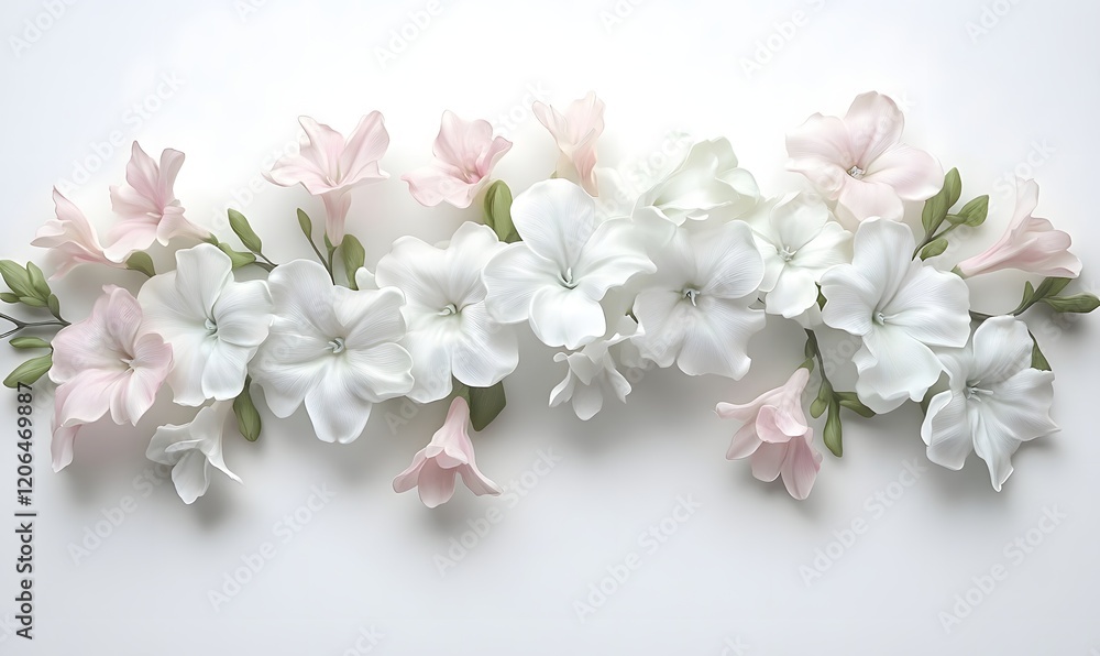 Obraz premium Pastel flower arrangement, white background, wedding stationery design
