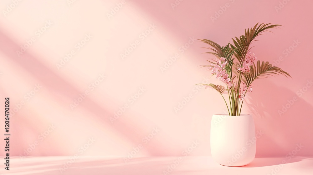 Pink flowers and palm leaves creating a relaxing atmosphere in a pink room
