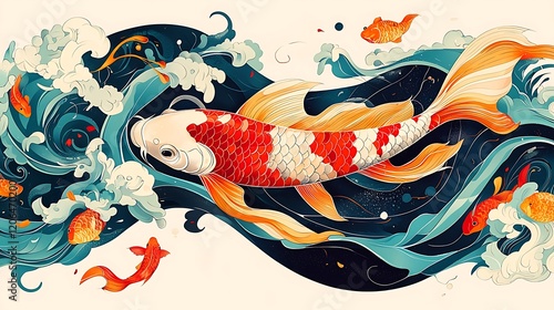 Koi fish swimming in waves, Asian art style, peaceful background, ideal for wall art or print