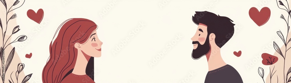 Smiling Couple Romantic Profile View, Valentine's Day Banner, Copy Space Smiling Couple Romantic Profile View, Valentine's Day Banner, Copy Space