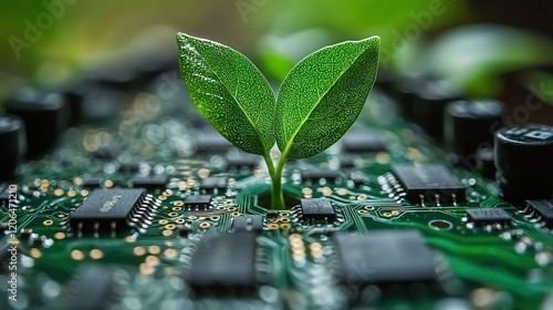 Green Sprout Emerging from Circuit Board: Symbol of Sustainable Technology