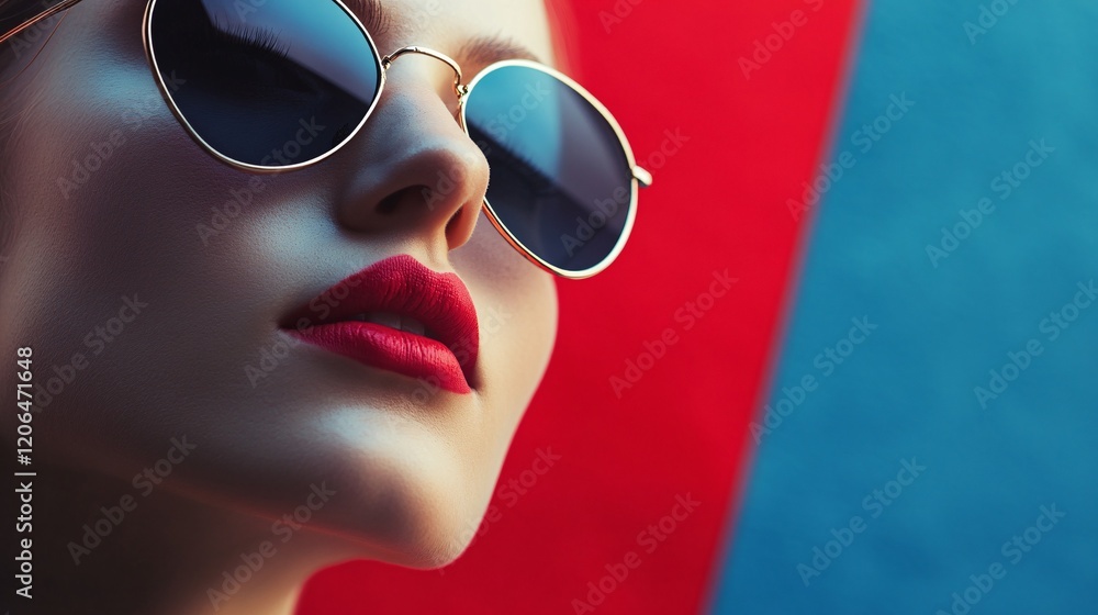 Fashion model wearing sunglasses and red lipstick posing on red and blue background Fashion model wearing sunglasses and red lipstick posing on red and blue background