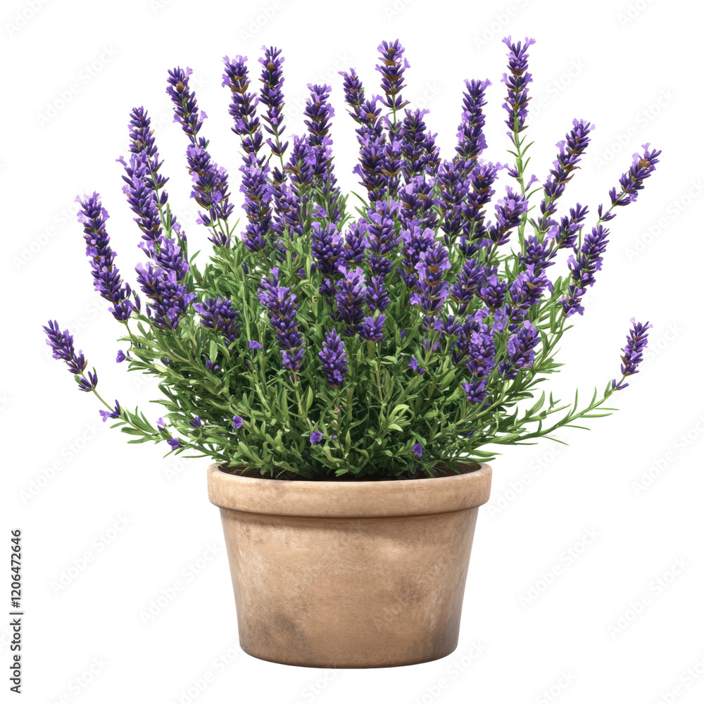Fototapeta premium Lush Lavender Plant in Terracotta Pot Blooming Purple Flowers Aromatic Herb