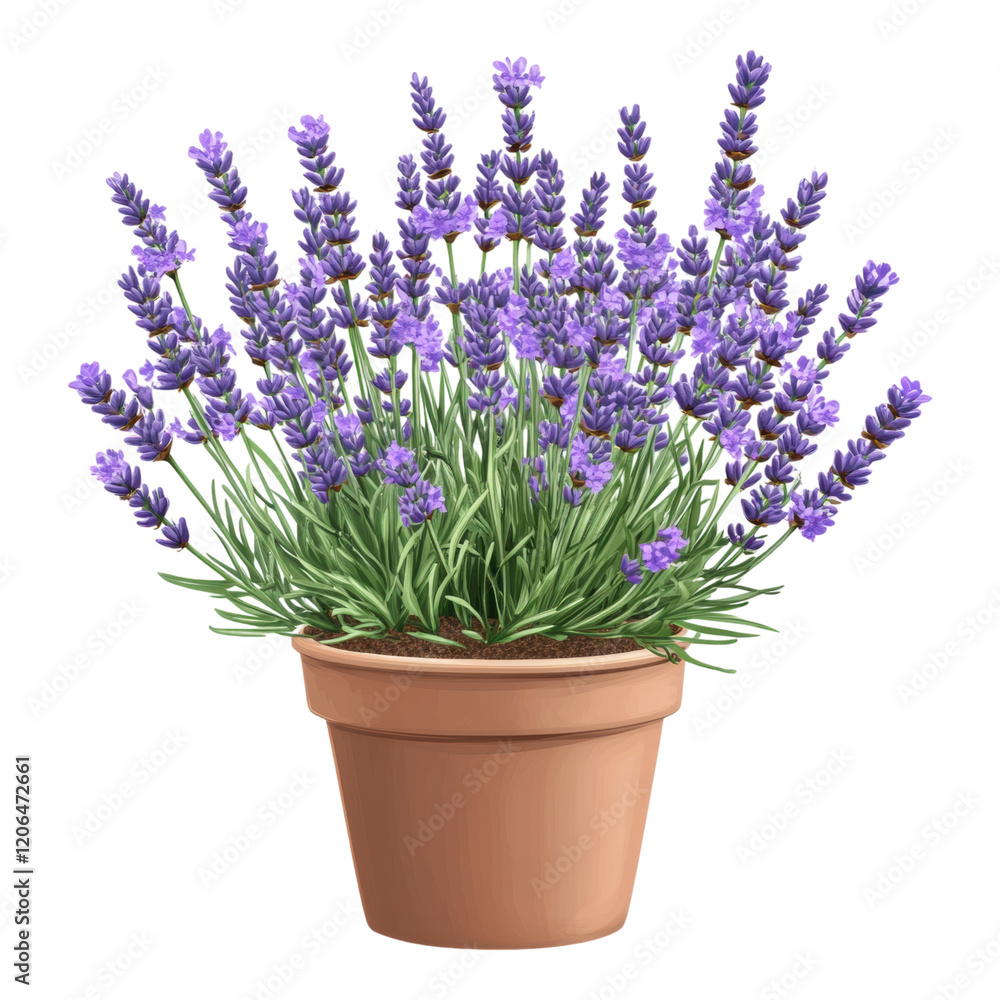 Fototapeta premium Potted Lavender Plant Blooming Purple Flowers in Terracotta Pot Aromatic Herb