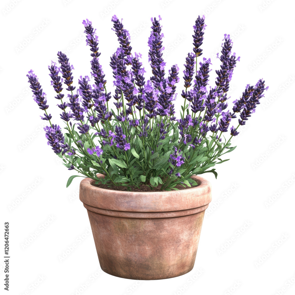 Fototapeta premium Blooming Lavender Plant in Terracotta Pot Aromatic Herb Purple Flowers Garden Decor