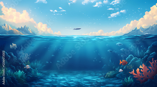 Underwater of a marine submarine delving into the depths of the ocean revealing the mysteries of the sea. thalassic. illustration. Ocean Depths. Illustration photo