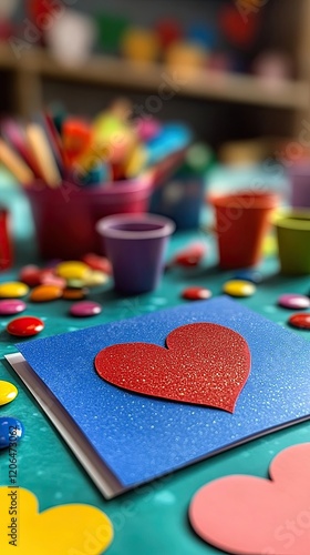 Colorful craft supplies and a heart-shaped cutout on a table during an arts and crafts session