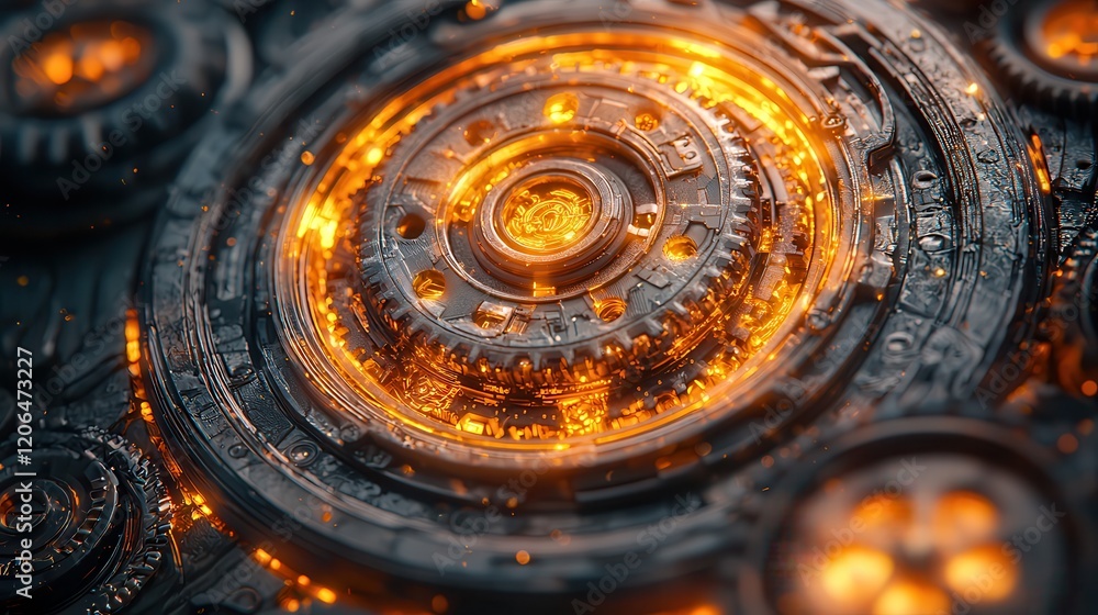 Intricate Glowing Gears: A Detailed Close-up of a Rotating Mechanical System with Sparks and Intense Light Intricate Glowing Gears: A Detailed Close-up of a Rotating Mechanical System with Sparks and Intense Light