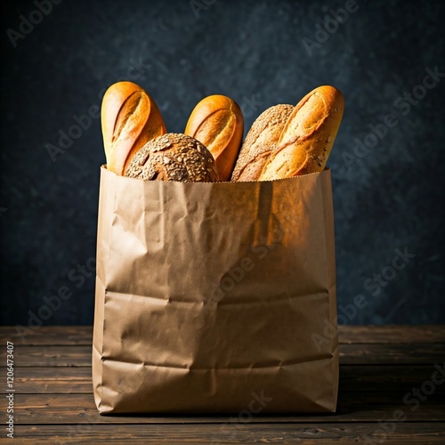 A variety of fresh French bread, including baguettes and boules, is tucked into a brown paper bag. photo