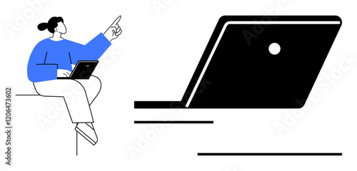 Individual sitting and pointing while using a laptop. Ideal for digital learning, remote work, online communication, multitasking, technology integration, digital productivity, user interface