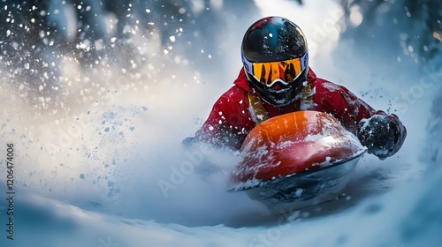 Closeup of a Man in a Bob Sleighed Going Down a Snowy Path, Winter Sport