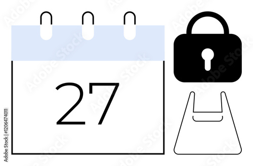 Calendar page with date 27, a padlock, and a checklist bag icon. Ideal for time management, security, planning, deadlines, organization protection scheduling. Abstract line flat metaphor